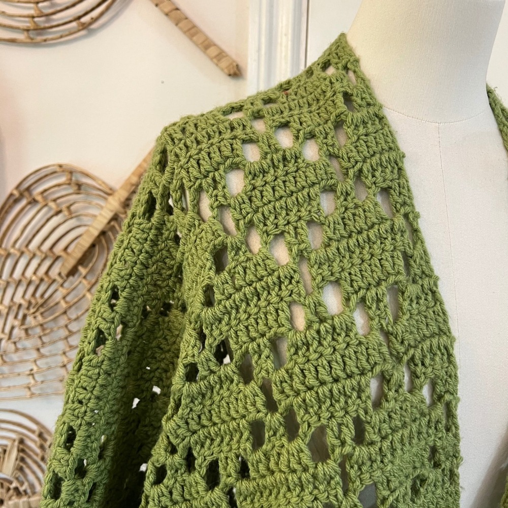 Vintage Green Handmade Crochet Knit Cardigan Kimono Boho Duster L XL - Picture 4 of 7